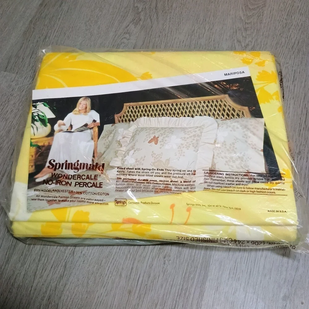 Springmaid Wonderscale No Iron Percale Yellow Floral Retro Vtg Double Flat Sheet